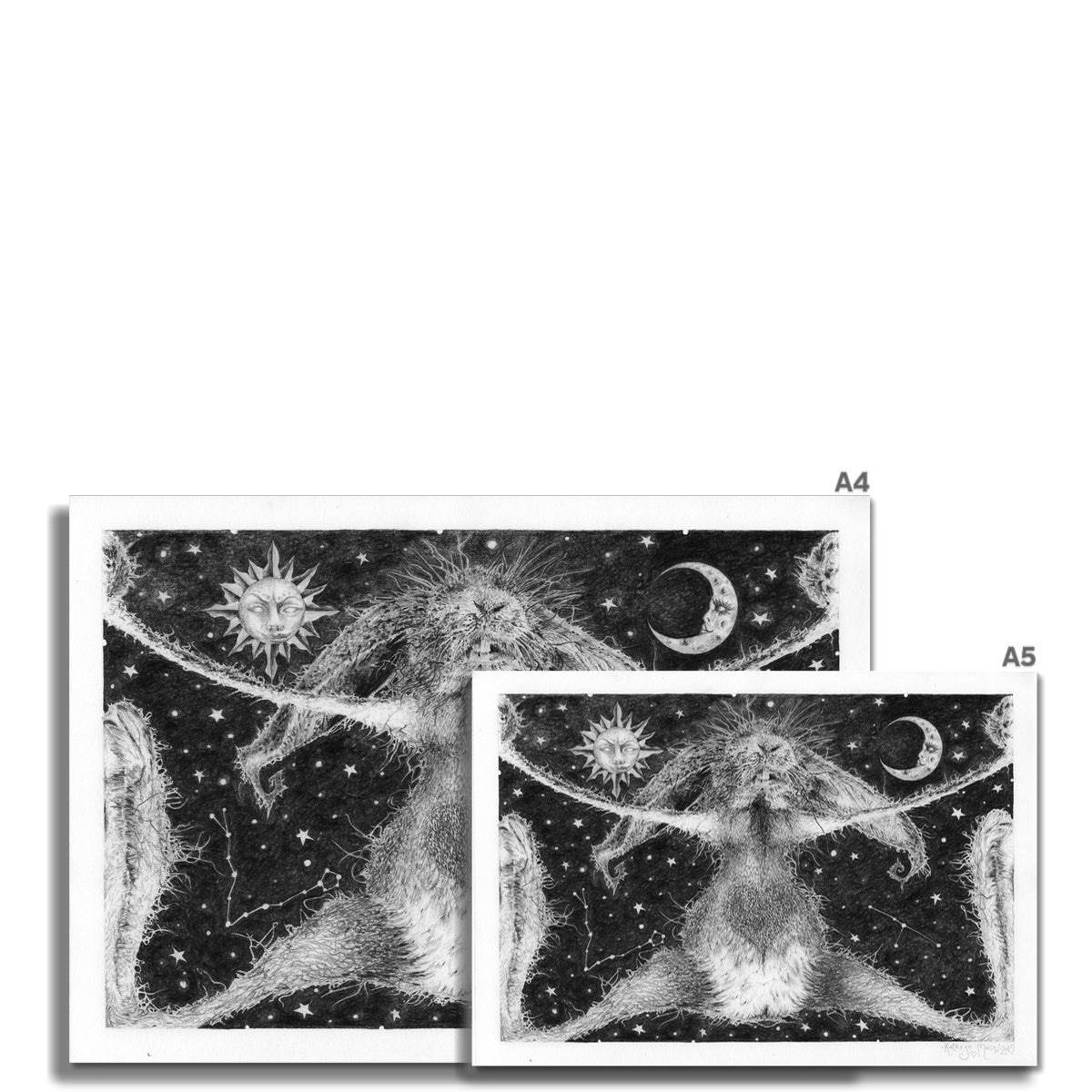 Photo showing size variations A4, A5 available for 'Grouchy Bun - Space Invader' Fine Art print - taken from Kathryn Mason's original pencil drawing of rabbit in space with constellations