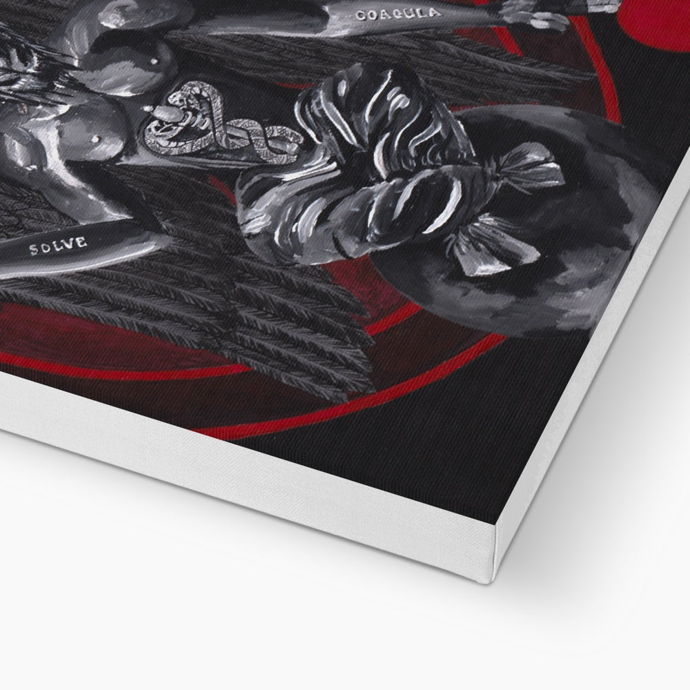 Photo of side detail/corner of artist Kathryn Mason's 'Baphomet' occult style colour canvas print