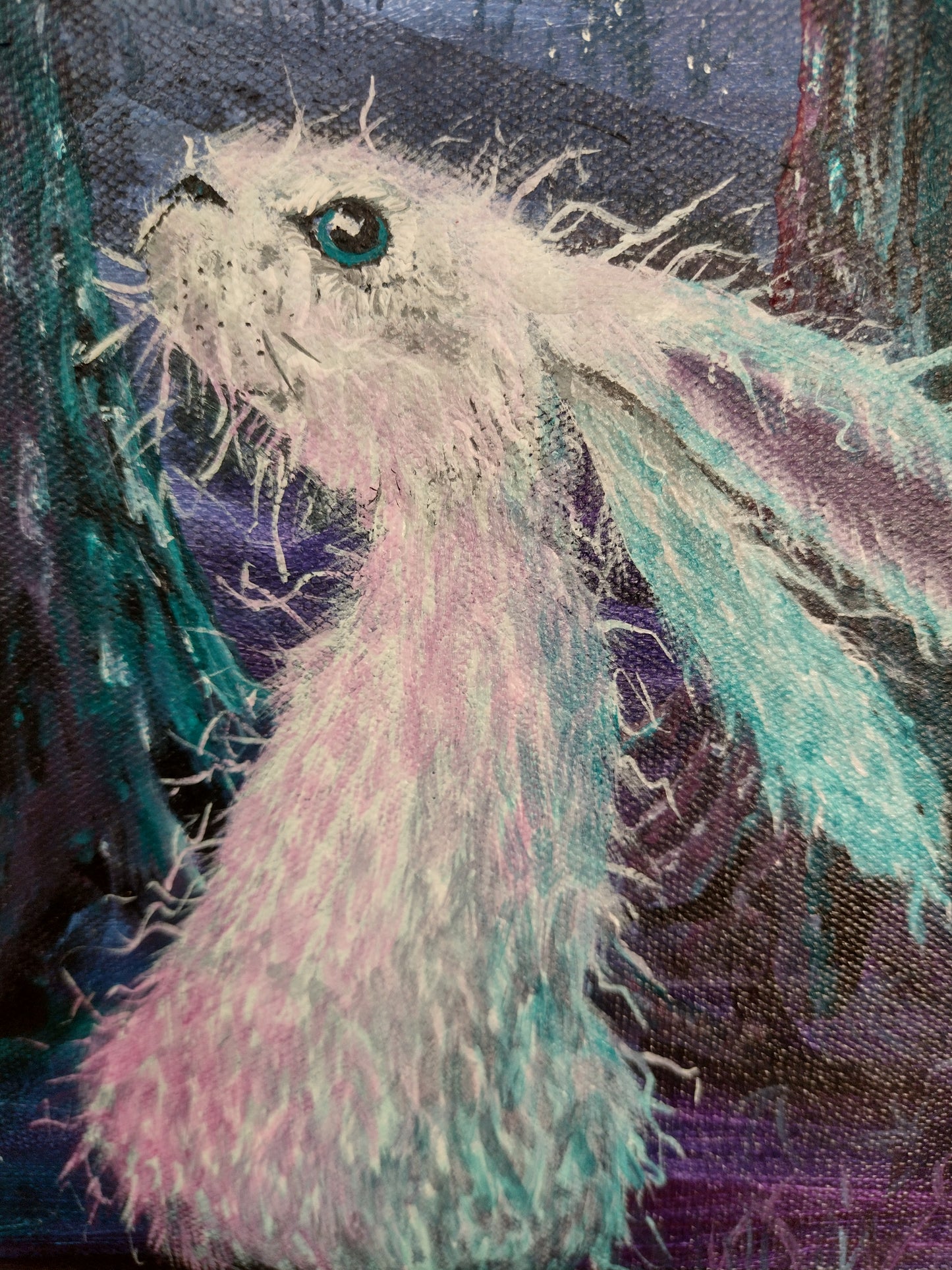 Photo of close-up view of canvas texture on 'Wild Hunt Eve' - Acrylic on Canvas rabbit painting