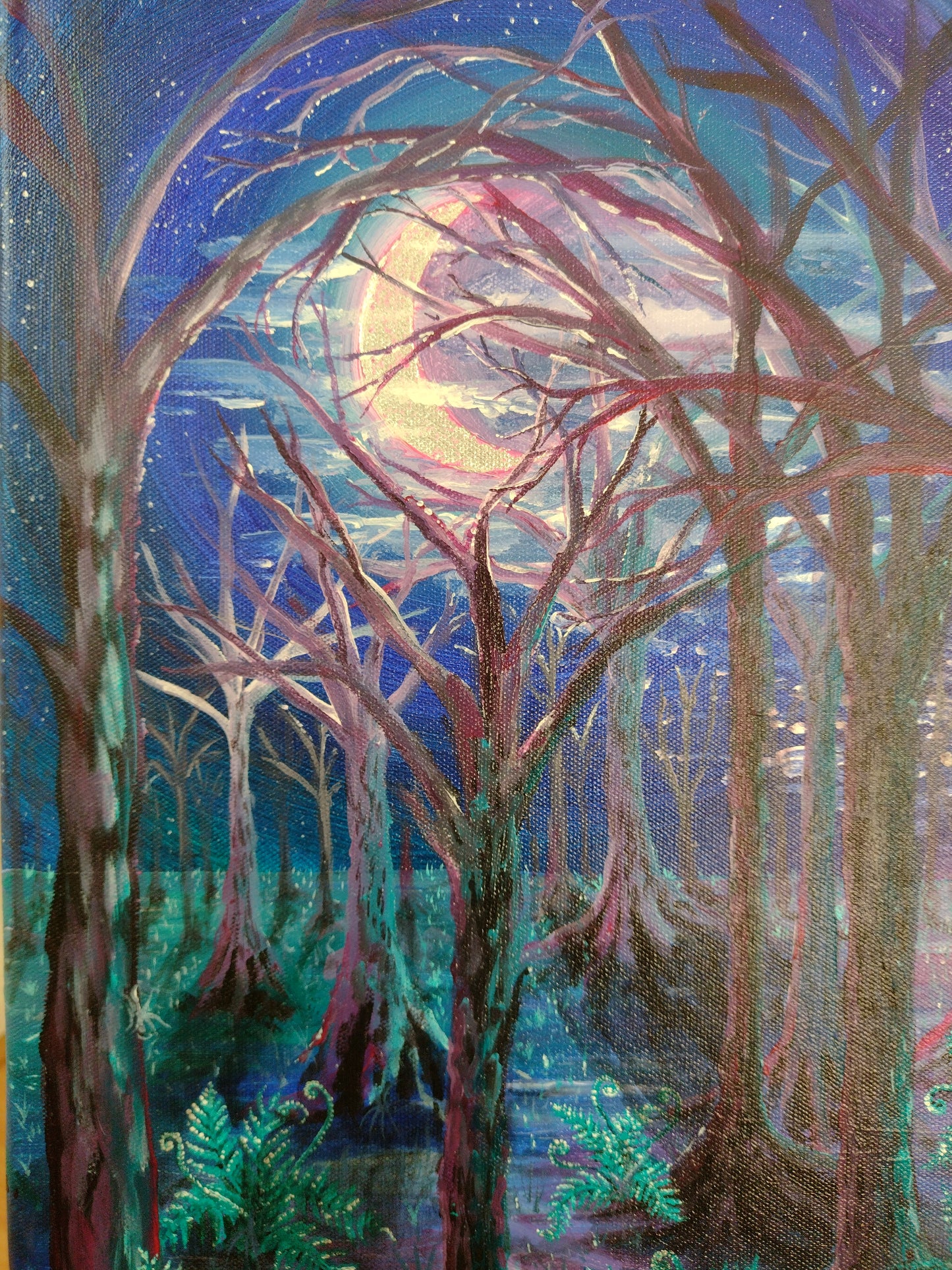Photo of close-up of silver leaf moon and canvas texture on 'Wild Hunt Eve' - Original Acrylic on Canvas