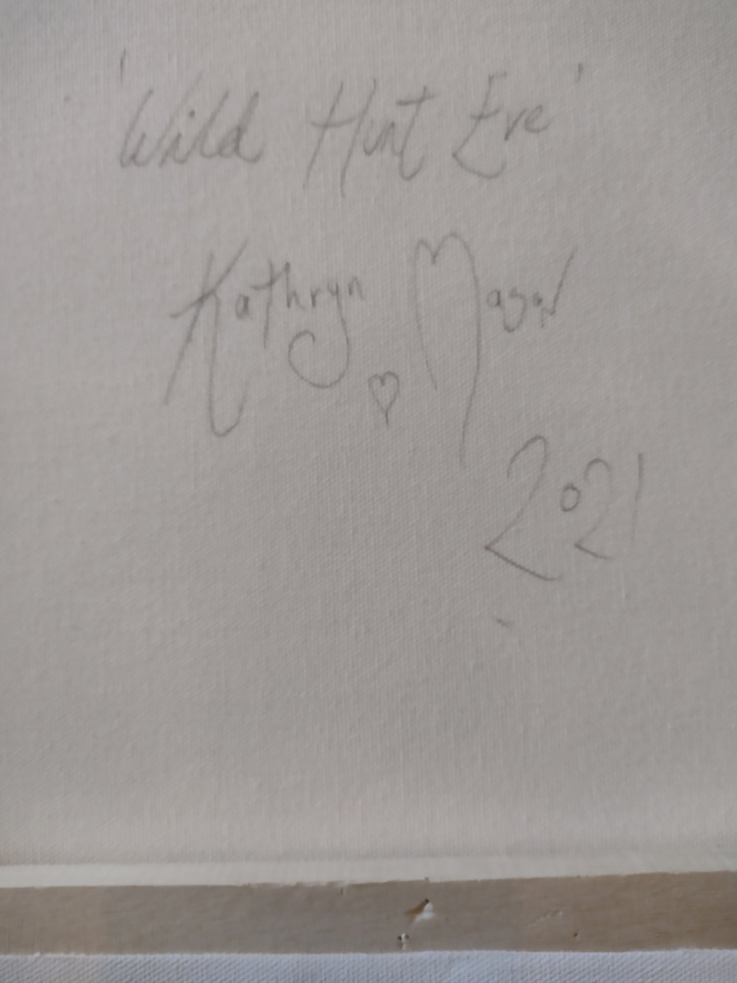Photo of close-up of signature/date on reverse of canvas from 'Wild Hunt Eve' - Original Acrylic painting