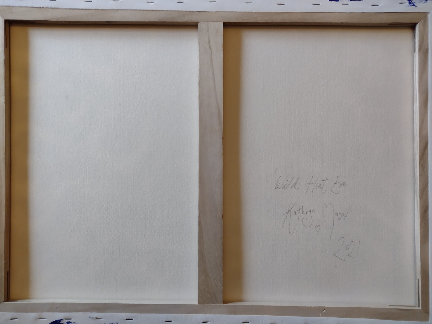 Rear photo of signature/date on reverse of canvas from 'Wild Hunt Eve' - Original Acrylic painting