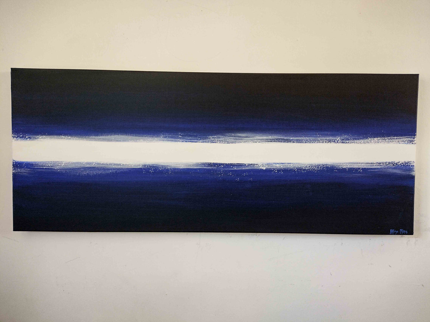 Image showing front of canvas painting 'Blues and Cocaine' Original art by Kathryn Mason, in deep blues and black with a splattered white stripe running horizontally through the centre