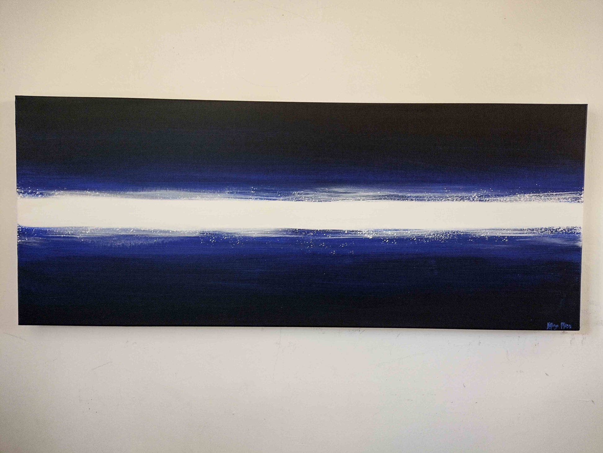 Image showing front of canvas painting 'Blues and Cocaine' Original art by Kathryn Mason, in deep blues and black with a splattered white stripe running horizontally through the centre