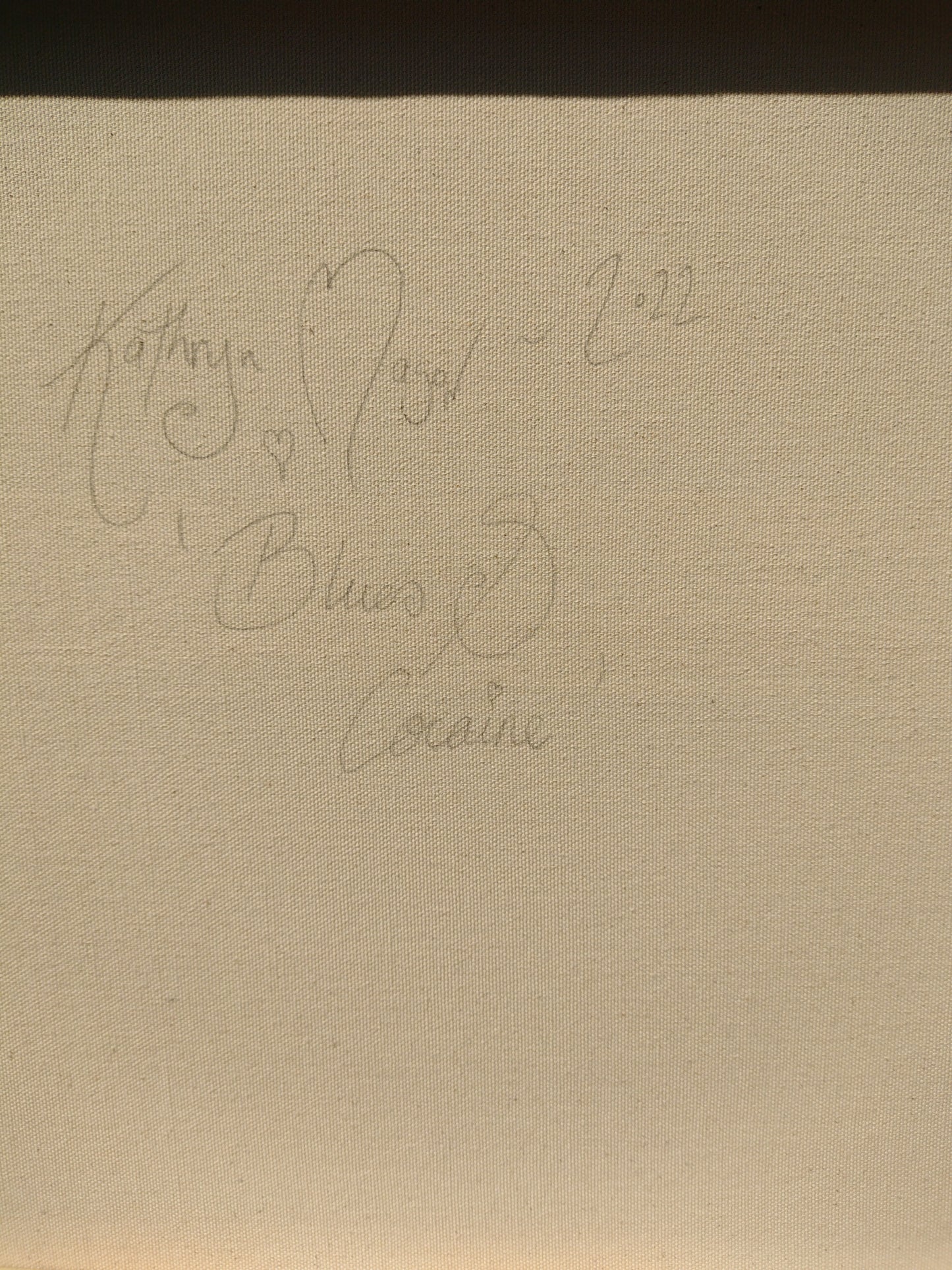 Image showing close-up of rear of canvas hand signed Kathryn Mason 'Blues and Cocaine' 2022