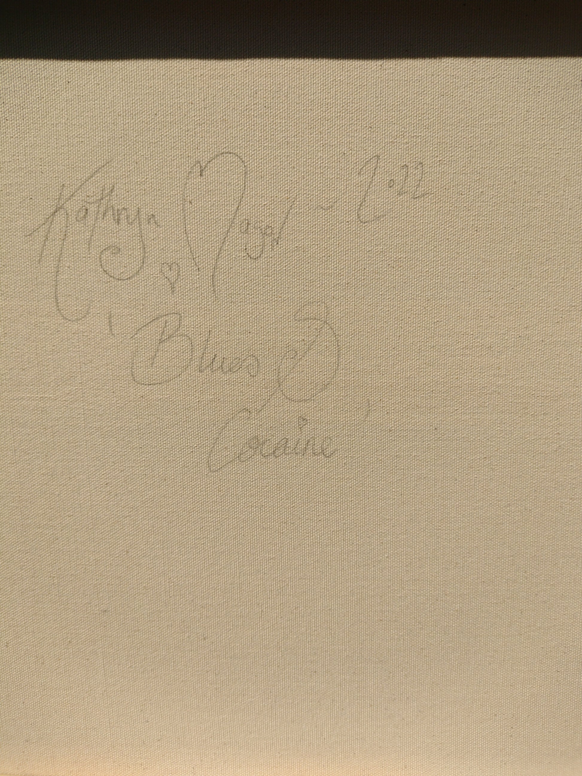 Image showing close-up of rear of canvas  hand signed Kathryn Mason 'Blues and Cocaine' 2022