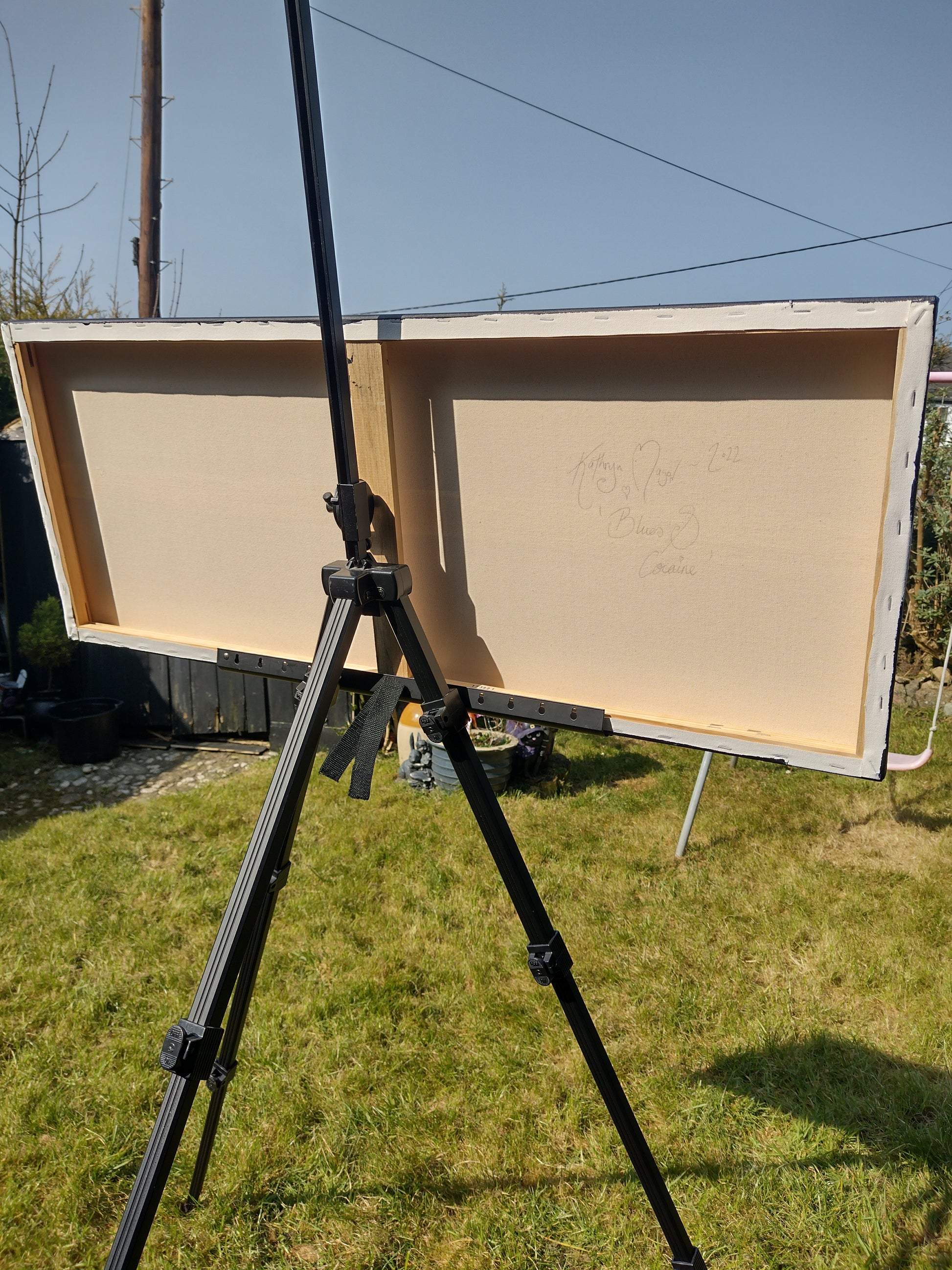Image showing rear of canvas on stretcher bars hand signed Kathryn Mason 'Blues and Cocaine' 2022