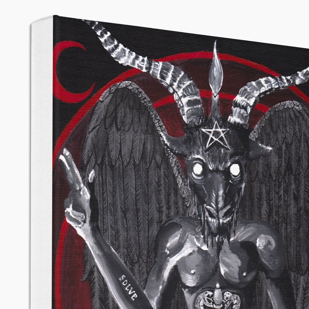 Photo of side detail/corner of artist Kathryn Mason's 'Baphomet' occult style colour canvas print