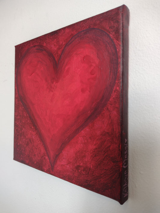 Colour image of front of Forever Love, original acrylic painting on canvas 20cm x 20cm red heart on red background 