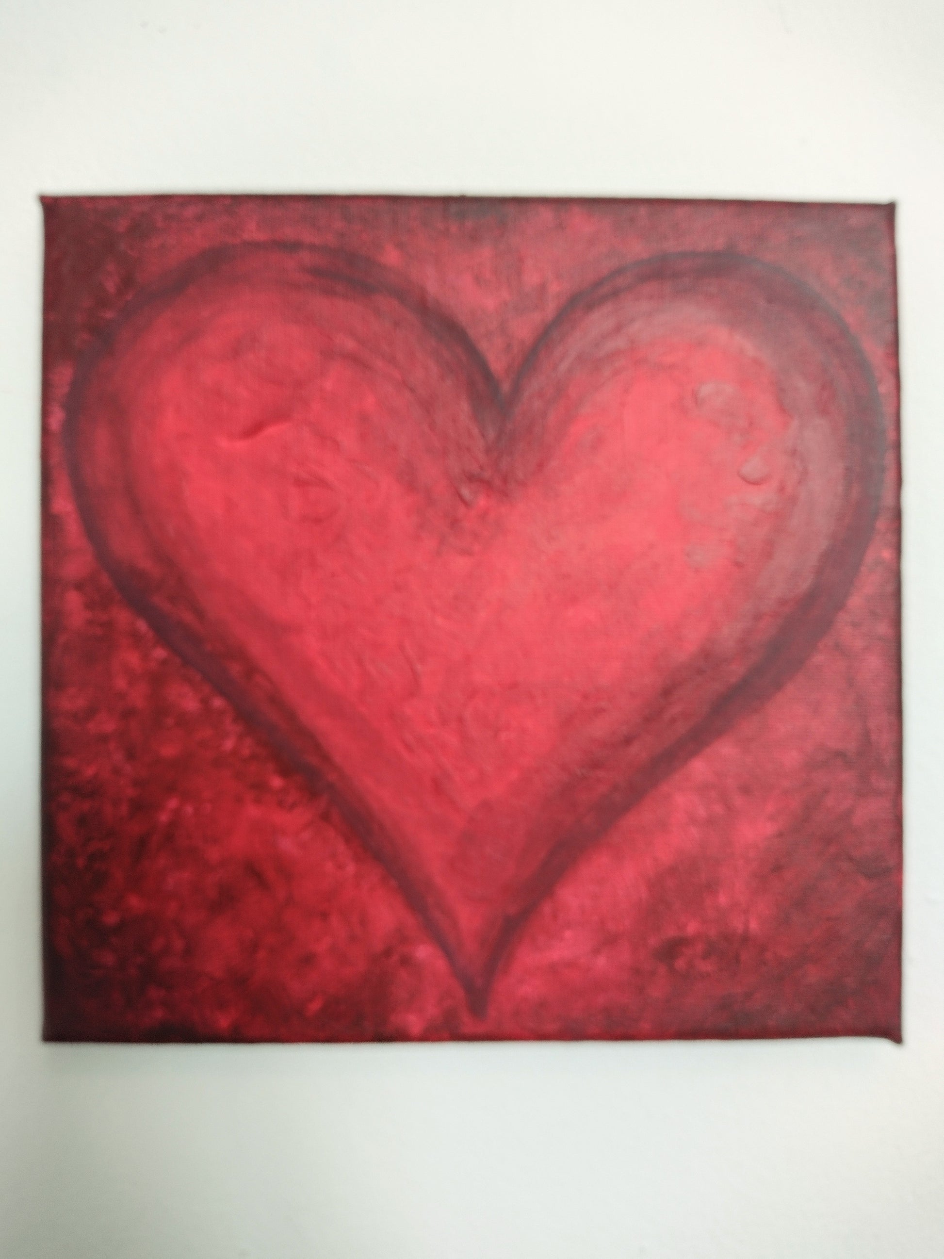 Colour image of front of Forever Love, original acrylic painting on canvas 20cm x 20cm red heart on red background 
