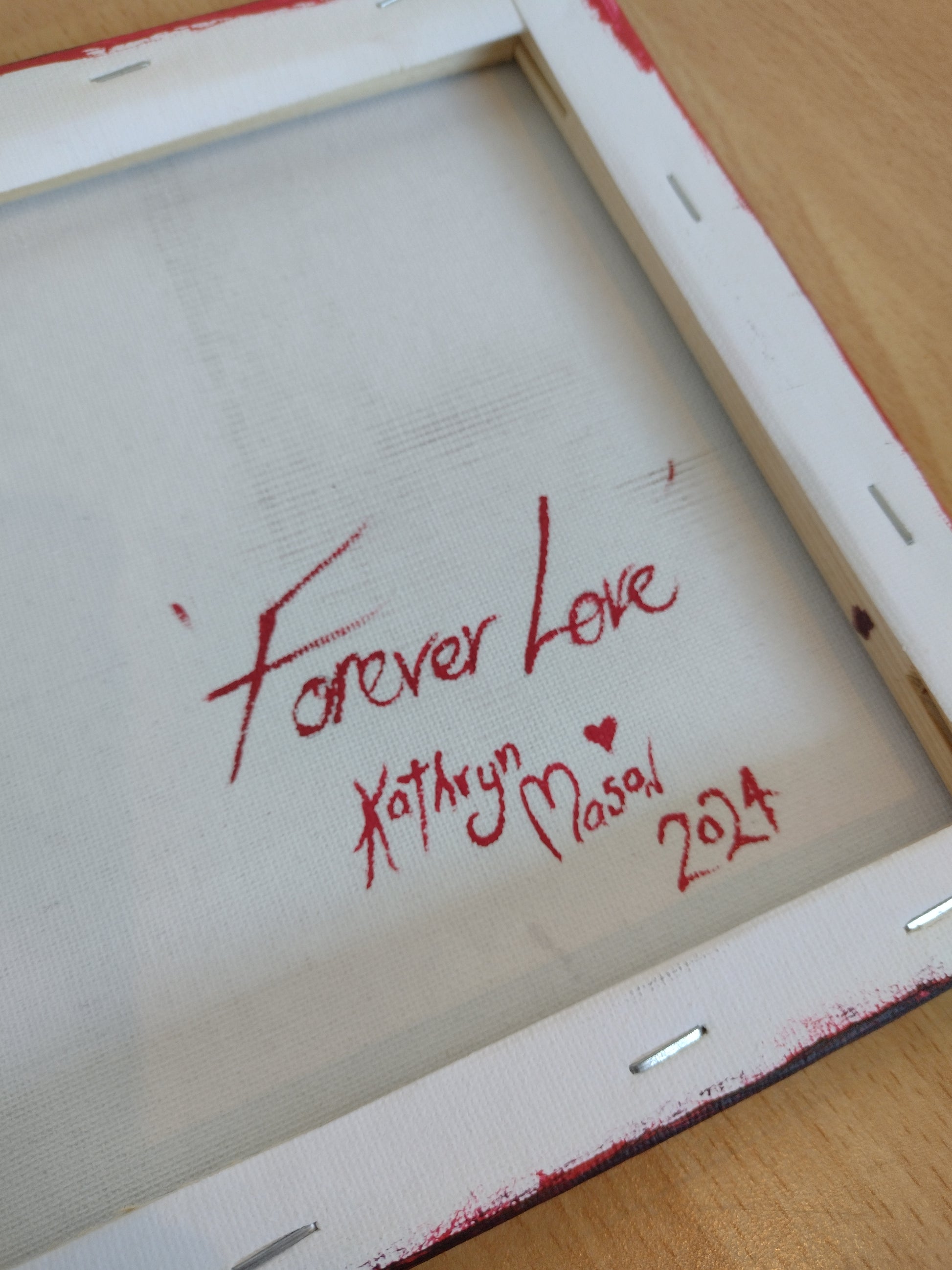 Colour image of rear signature view of Forever Love, original acrylic painting on canvas 