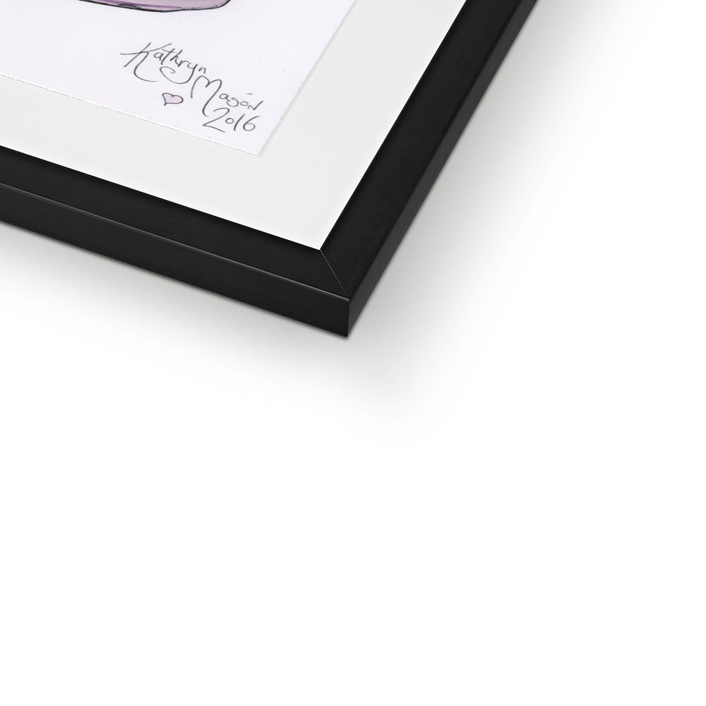 Photo showing corner edge view of 'Sheltering from a Storm in a Teacup' Cute Baby Crow Gothic Fine Art Print from artist Kathryn Mason's original drawing. Framed and Mounted. Shown here with black frame.
