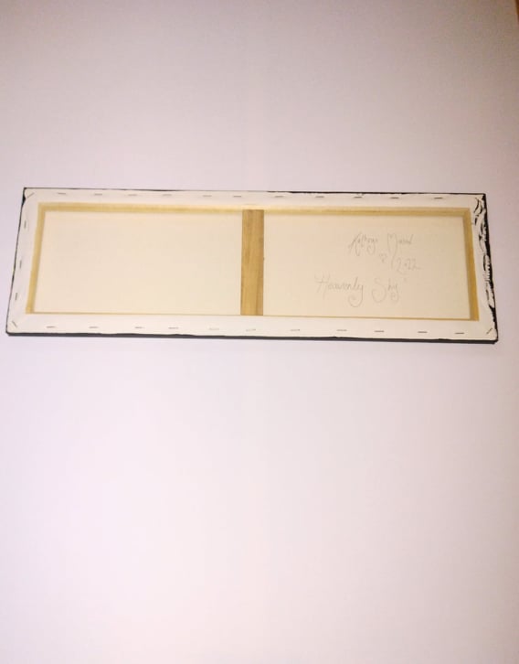 Rear view photo of 'Heavenly Sky' Original acrylic on canvas painting by Kathryn Mason. Showing Signature, title and year