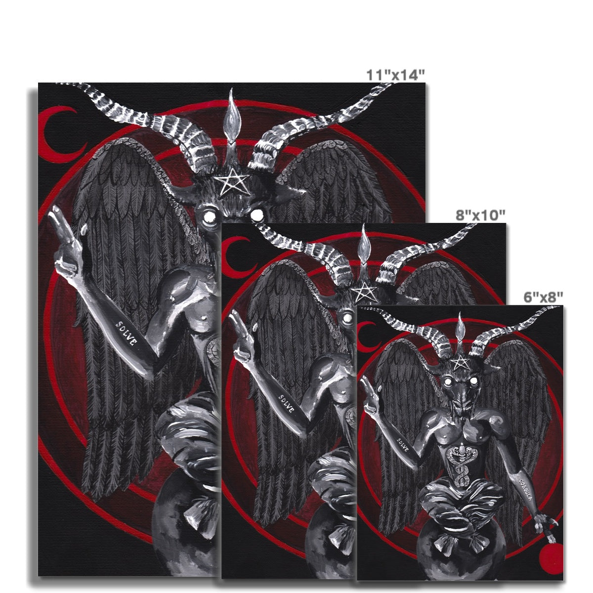 Photo of size variations 11" x 14", 8" x 10", 6" x 8" available for artist Kathryn Mason's 'Baphomet' occult style colour fine art print