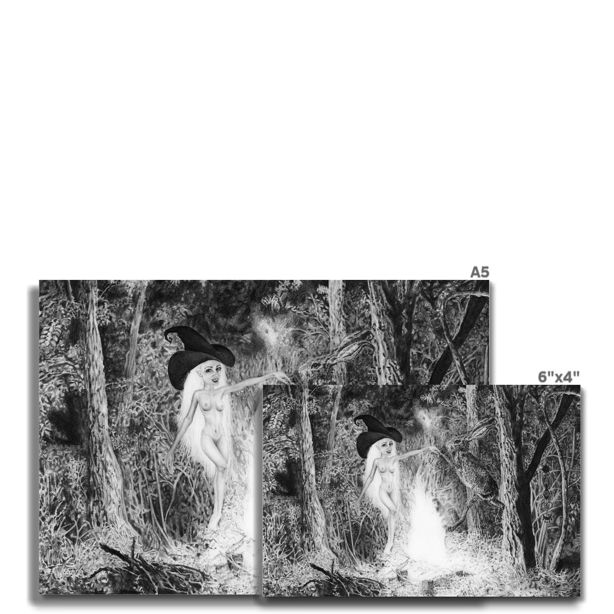 Photo showing size variations A4, 6"x 4" available for 'Forever Forest' taken from Kathryn Mason's original naked witch and hare ritual pencil drawing