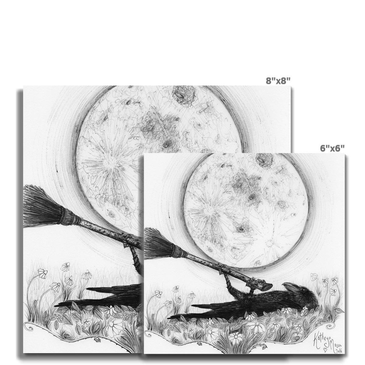 Photo showing size variations 8"x 8" and 6"x 6" available for 'Chillin Crow' black and white fine art print taken from Kathryn Mason's original signed drawing featuring a cute crow laying down in a patch of daisies holding its witches broom up to a big full moon
