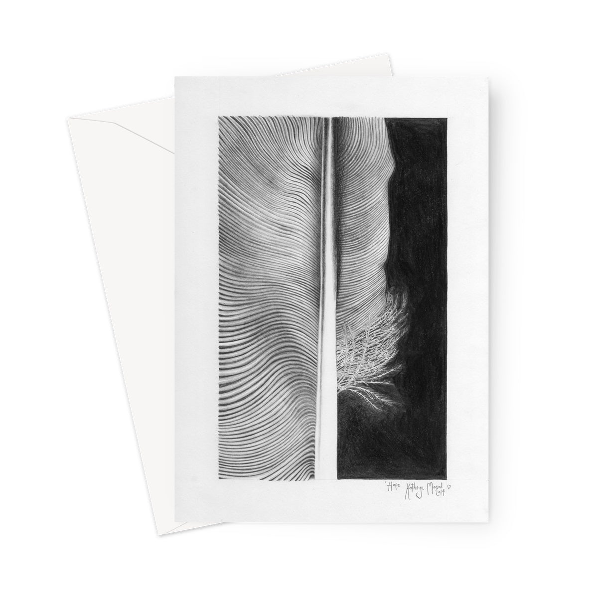 Photo of 'Hope' greeting card. Art taken from Kathryn Mason's original drawing of an elements of a feather and reproduced for a contemporary style. Shown with envelope
