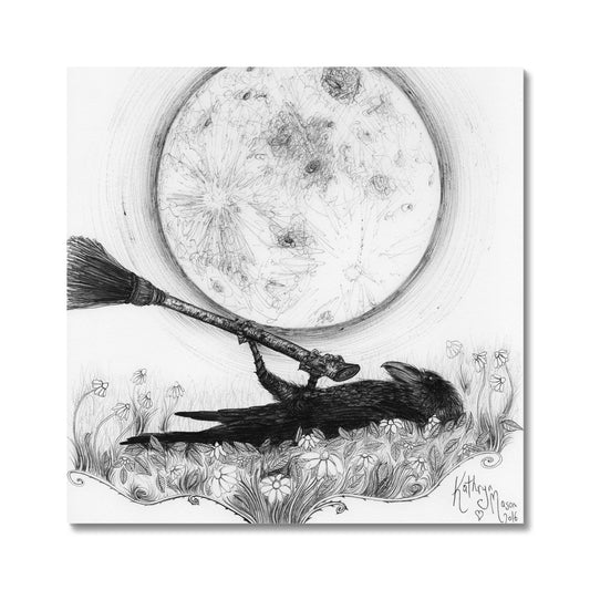 Photo showing 'Chillin Crow' black and white fine art print taken from Kathryn Mason's original signed drawing featuring a cute crow laying down in a patch of daisies holding its witches broom up to a big full moon
