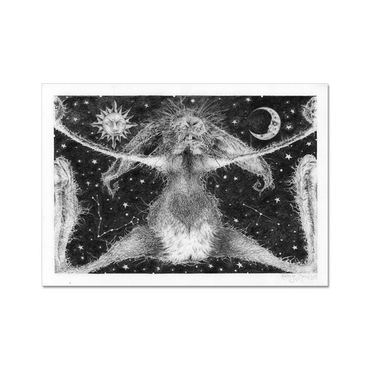 Photo showing 'Grouchy Bun - Space Invader' Fine Art print - taken from Kathryn Mason's original pencil drawing of rabbit in space with constellations 