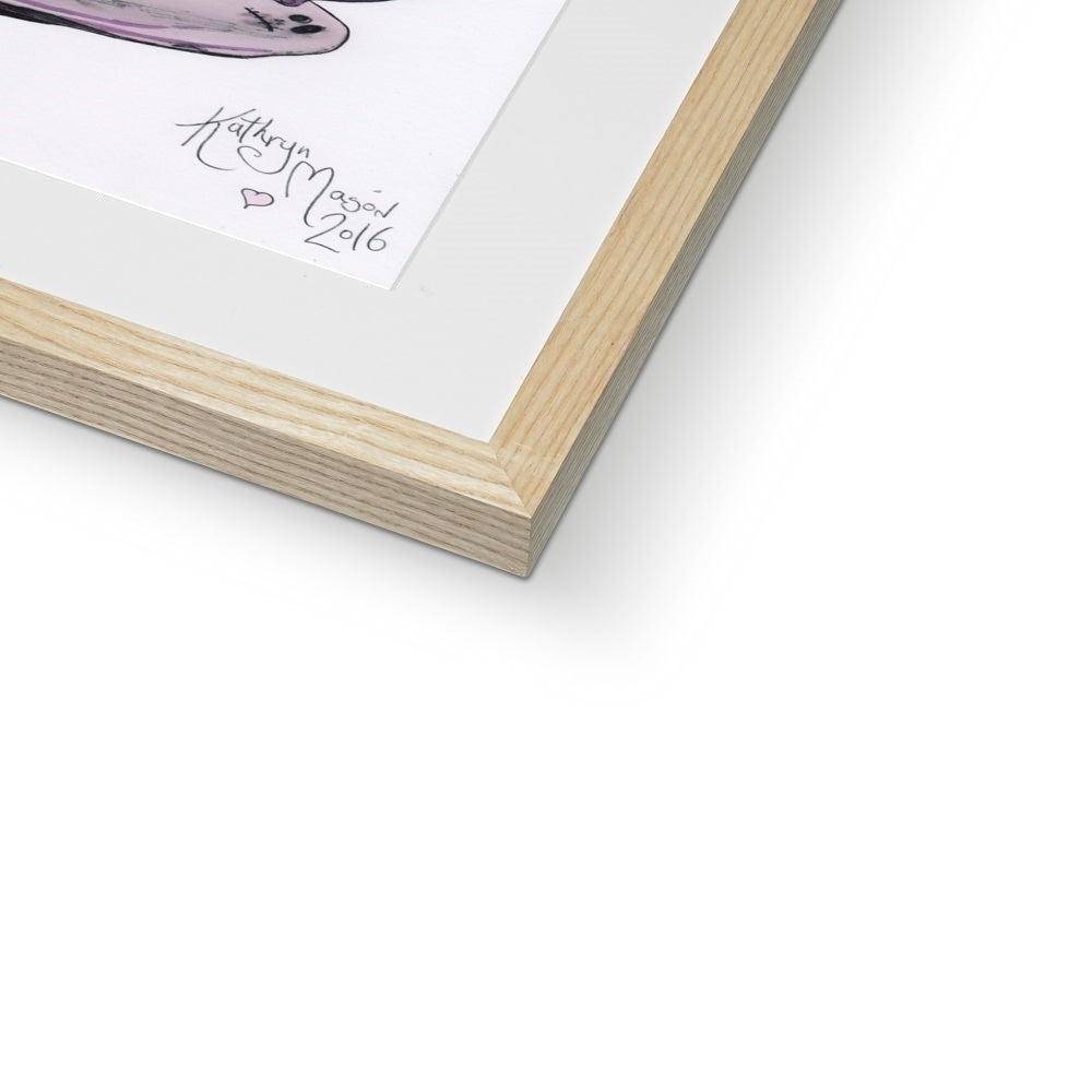 Photo showing corner edge view of 'Sheltering from a Storm in a Teacup' Cute Baby Crow Gothic Fine Art Print from artist Kathryn Mason's original drawing. Framed and Mounted. Shown here with wood frame.