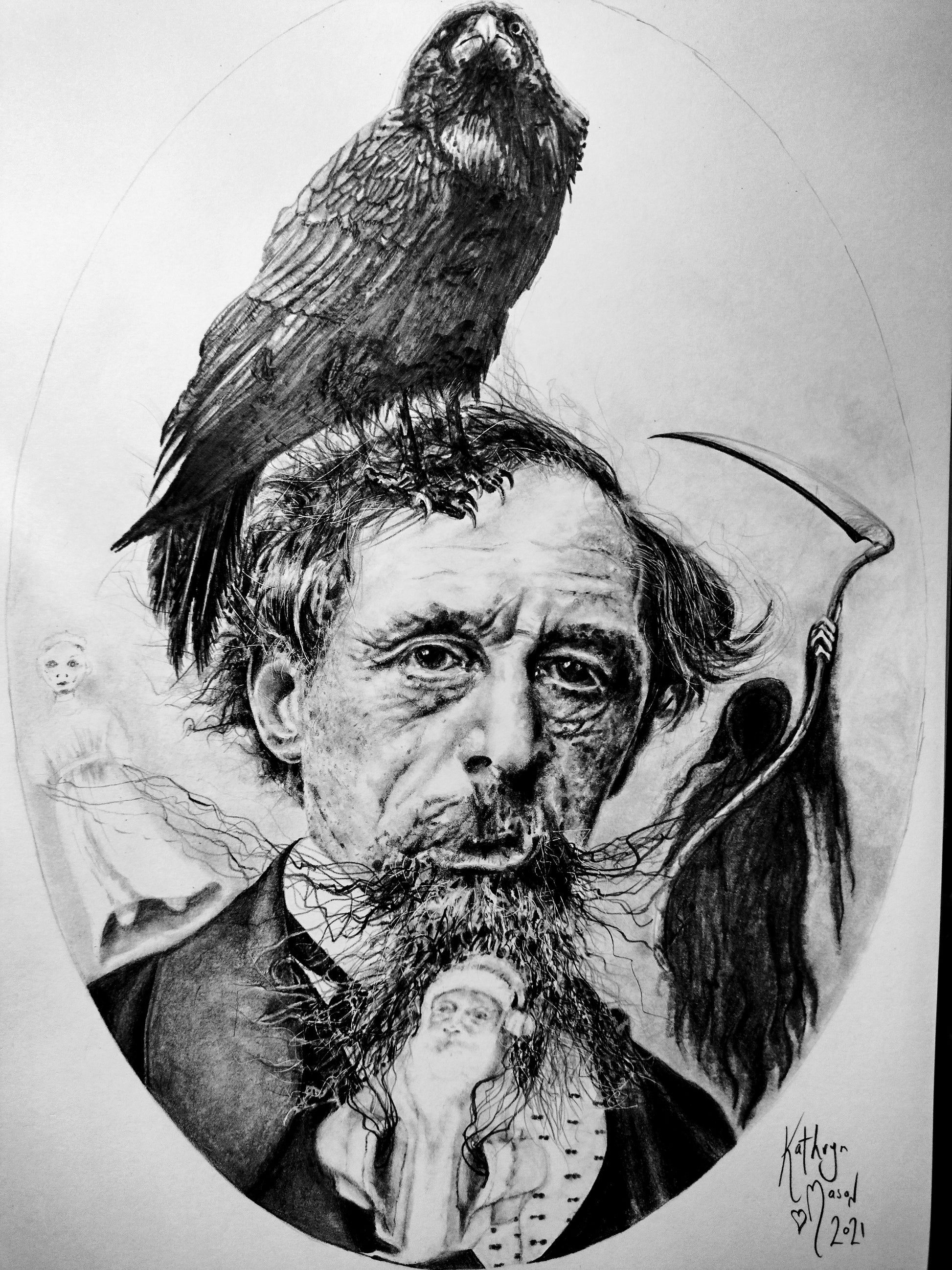 Photo showing 'Charles Dickens with Ghosts of Christmas Past Present and Future and his beloved pet raven 'Grip'' pencil portrait 
