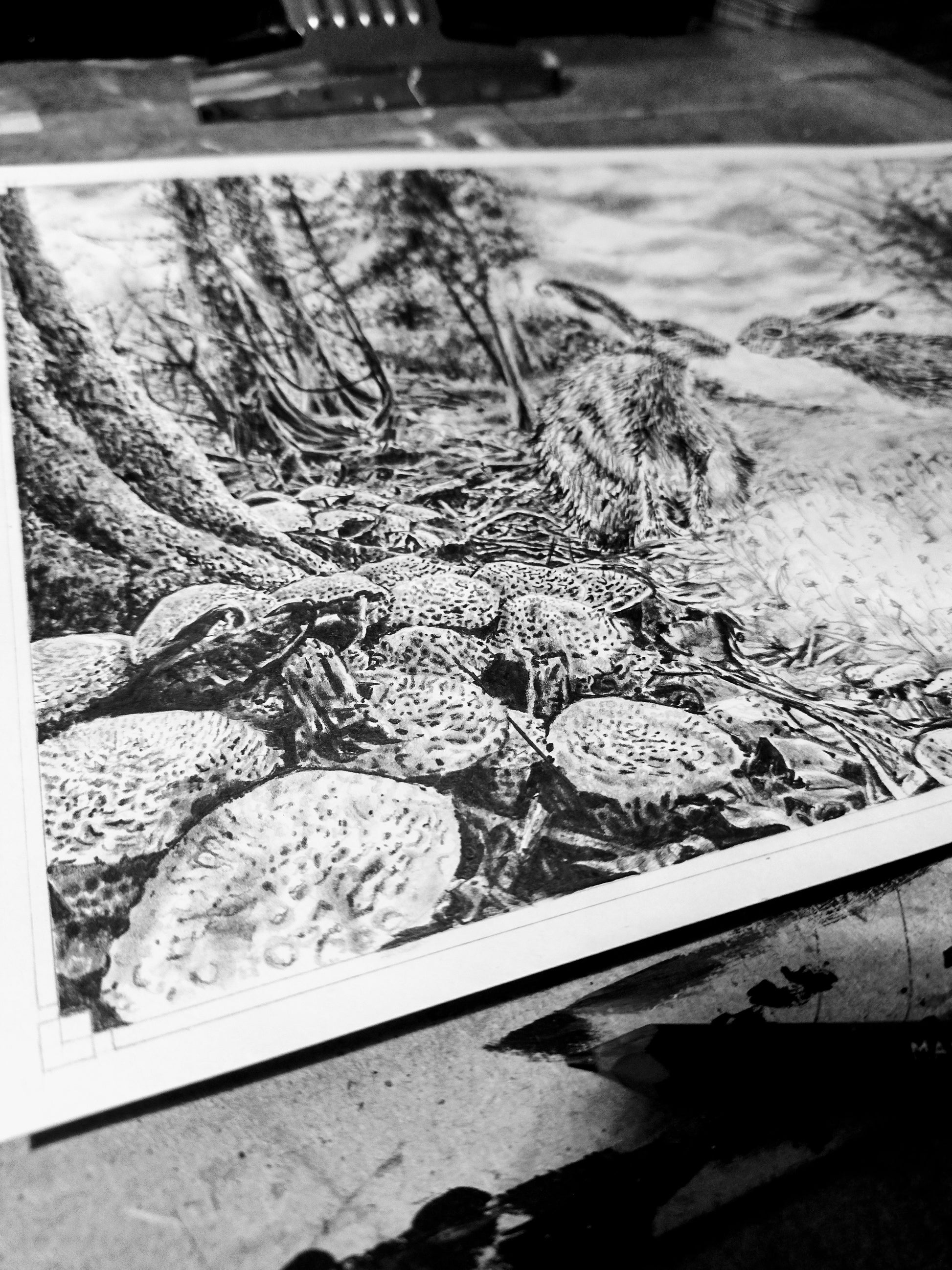 Photo of side close-up view of 'Loved-up Hares, As The First Frost Falls' Kathryn Mason's one of a kind, Original handmade, highly detailed graphite pencil drawing