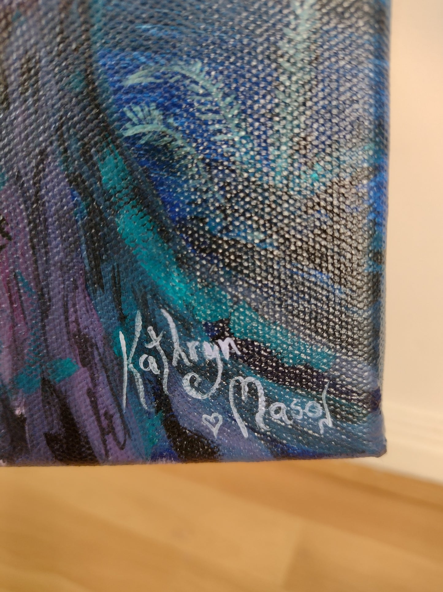 Photo of close-up of signed canvas texture on 'Wild Hunt Eve' - Original Acrylic on Canvas