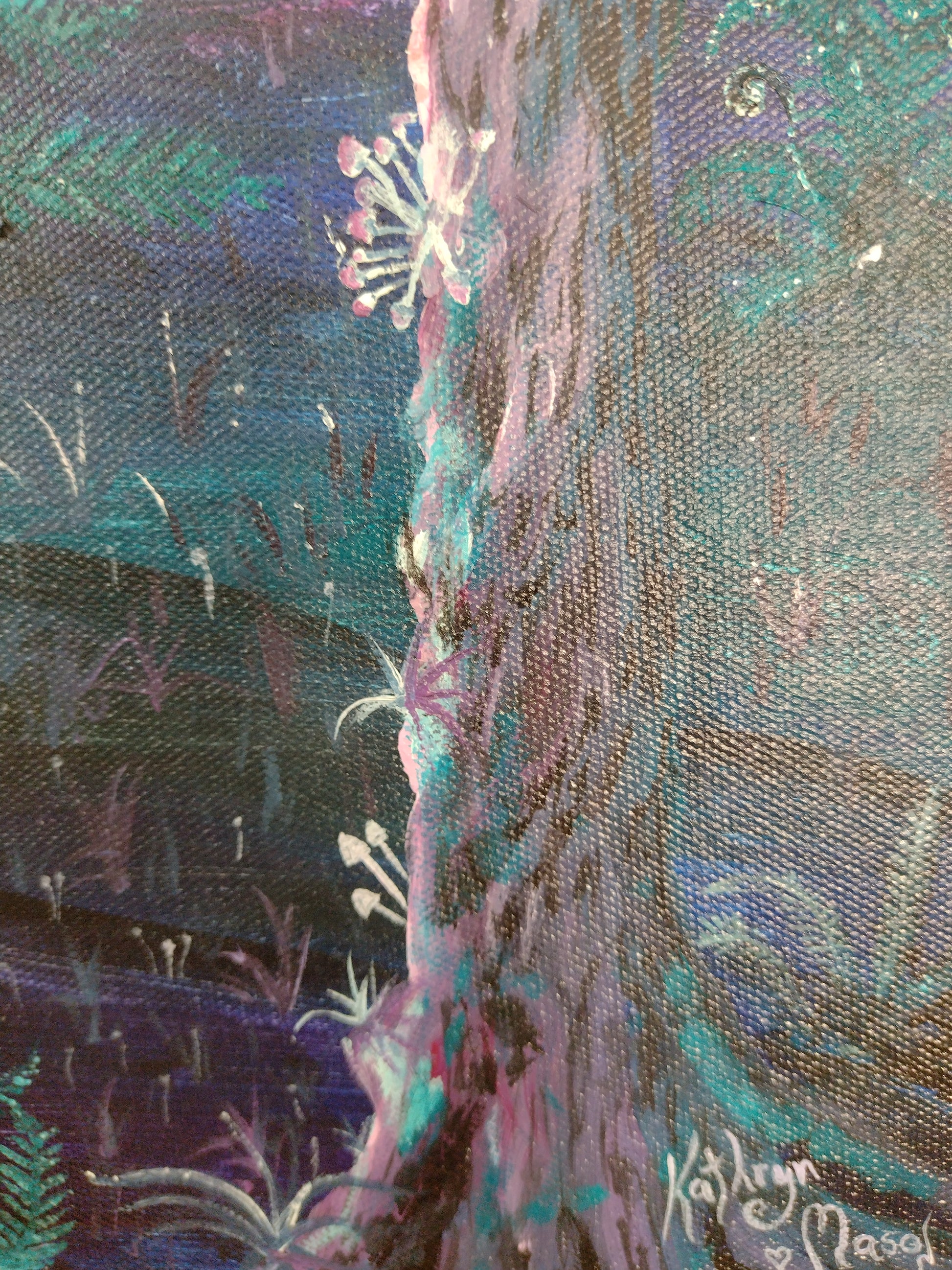 Photo of close-up of signed canvas texture on 'Wild Hunt Eve' - Original Acrylic on Canvas
