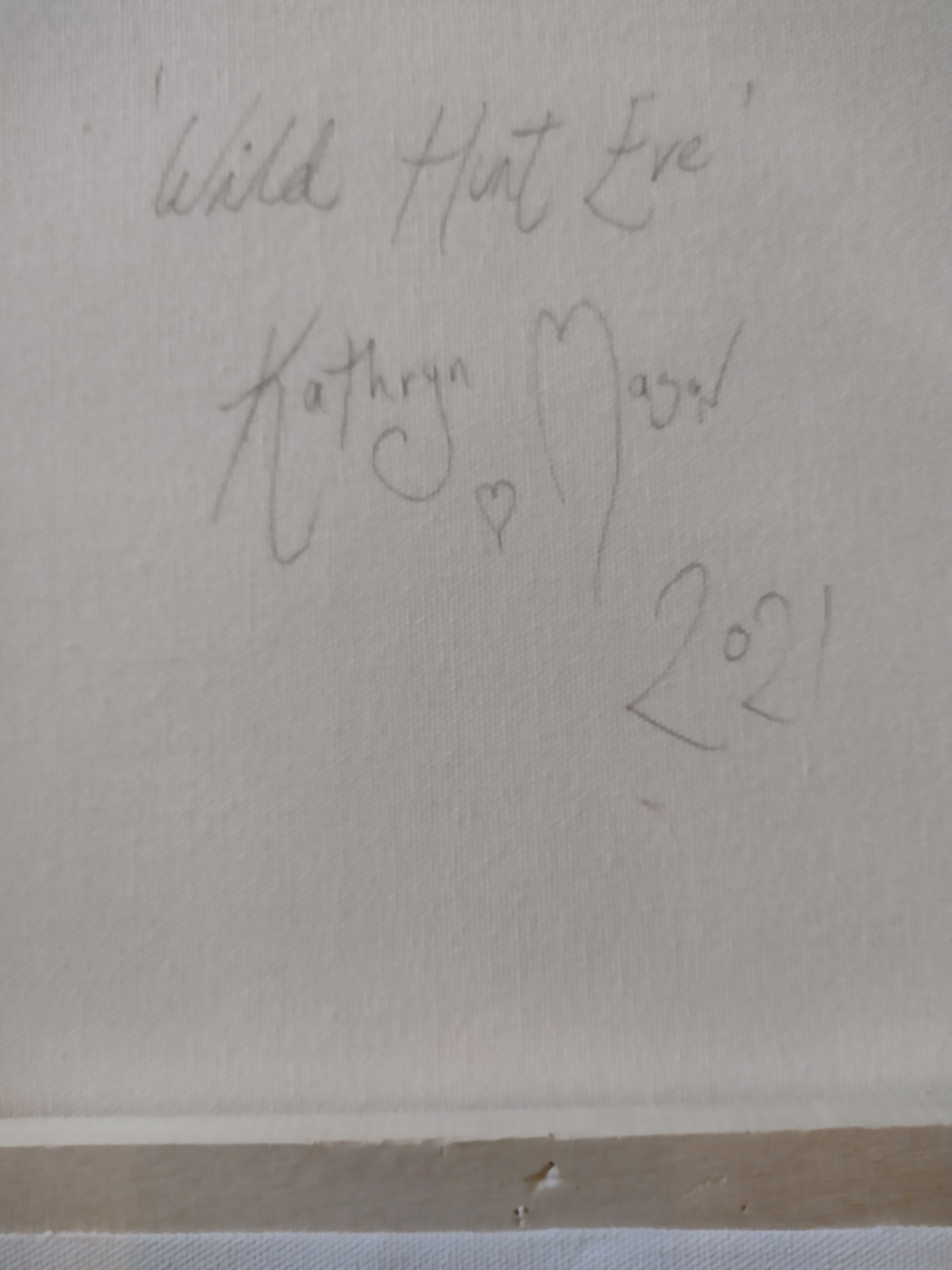 Photo of close-up of signature/date on reverse of canvas from 'Wild Hunt Eve' - Original Acrylic painting