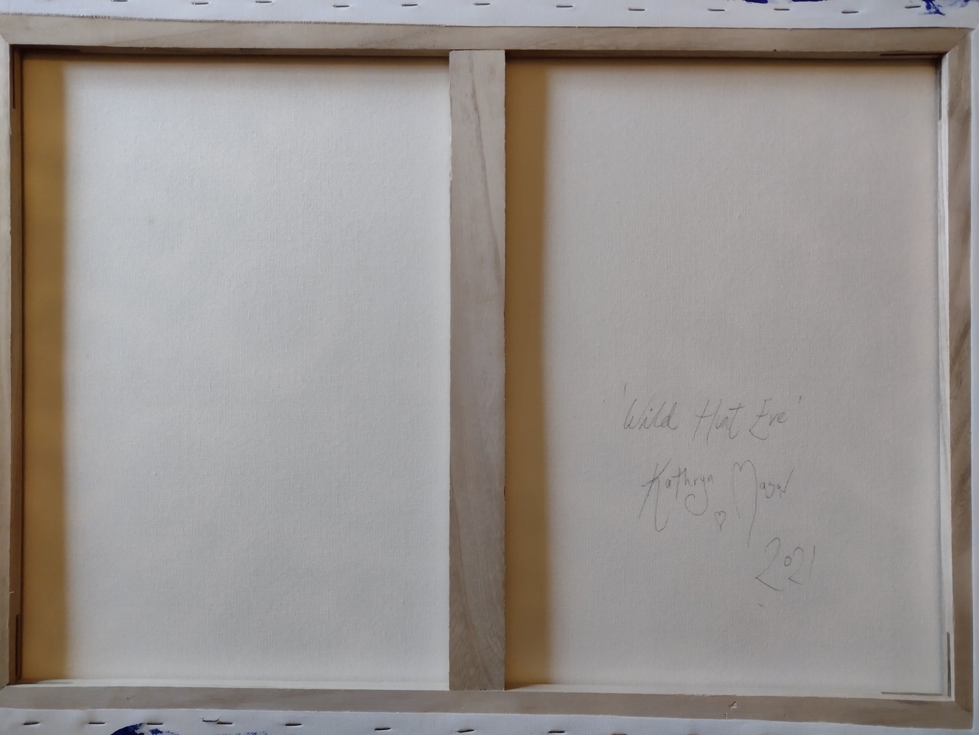 Rear photo of signature/date on reverse of canvas from 'Wild Hunt Eve' - Original Acrylic painting
