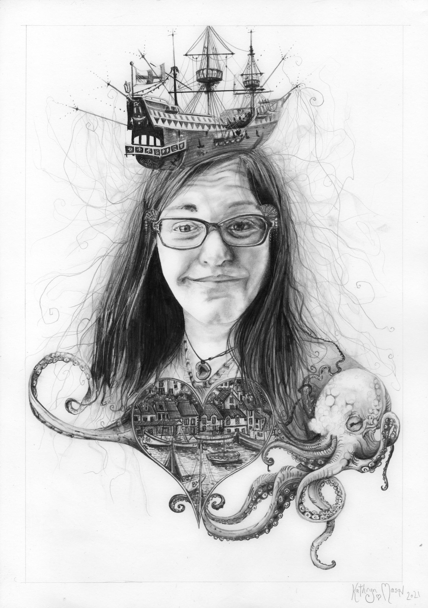 Photo showing creative pencil portrait 'Queen of Fishtown' with  galleon crown, a harbour heart and octopus flourish
