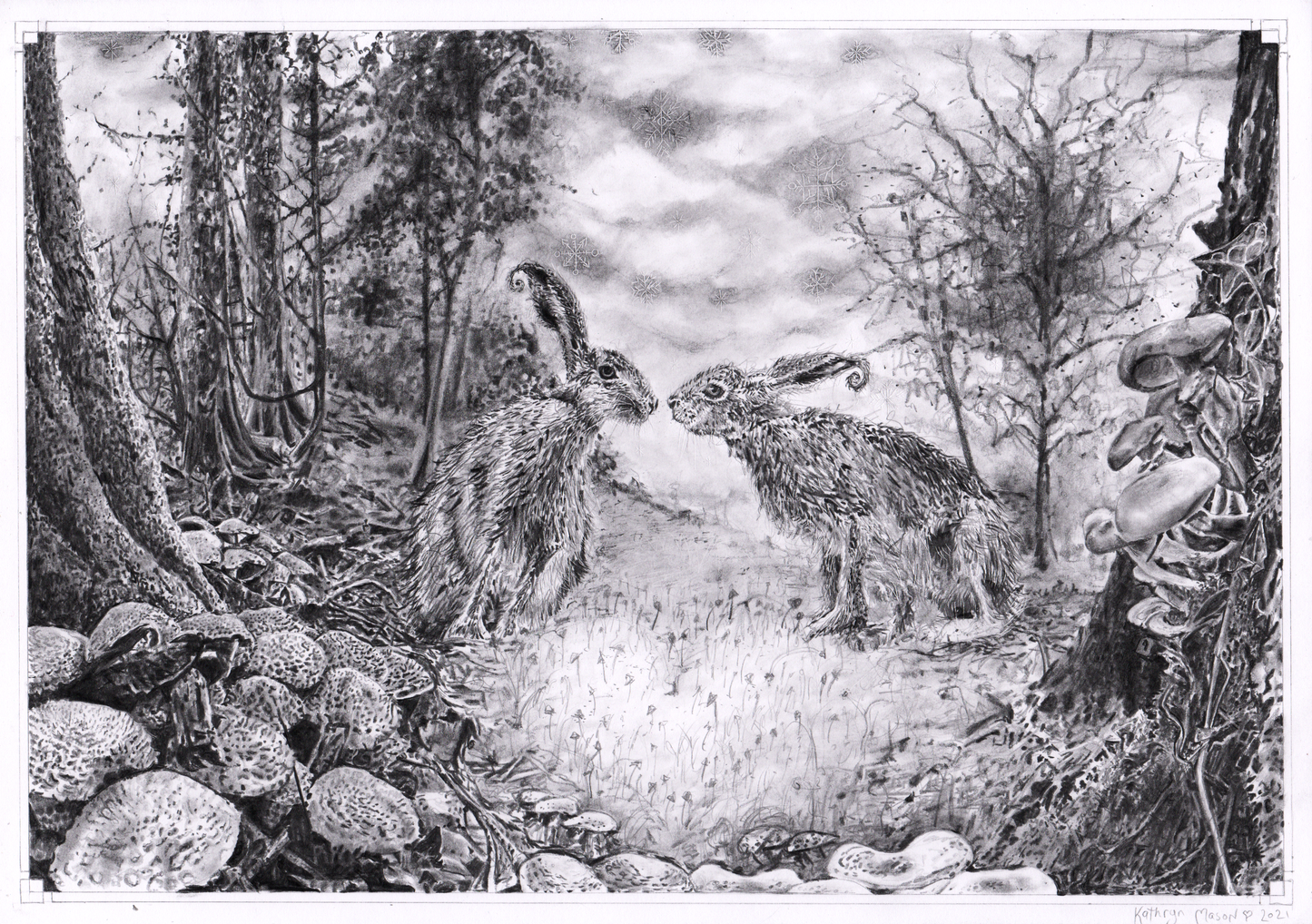 Photo of 'Loved-up Hares, As The First Frost Falls' Kathryn Mason's one of a kind, Original handmade, highly detailed graphite pencil drawing