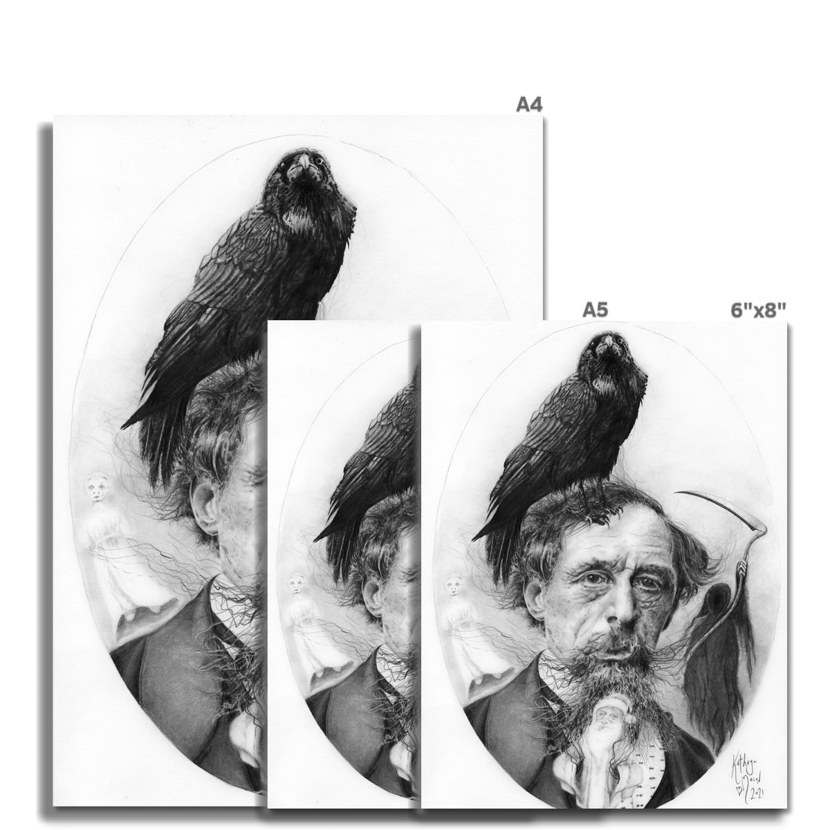 Photo showing size variations A4, A5, 6"x 8" available for portrait of 'Charles Dickens, Grip, and Ghosts' Victorian Style Gothic Fine Art Print, taken from Kathryn Mason's original drawing
