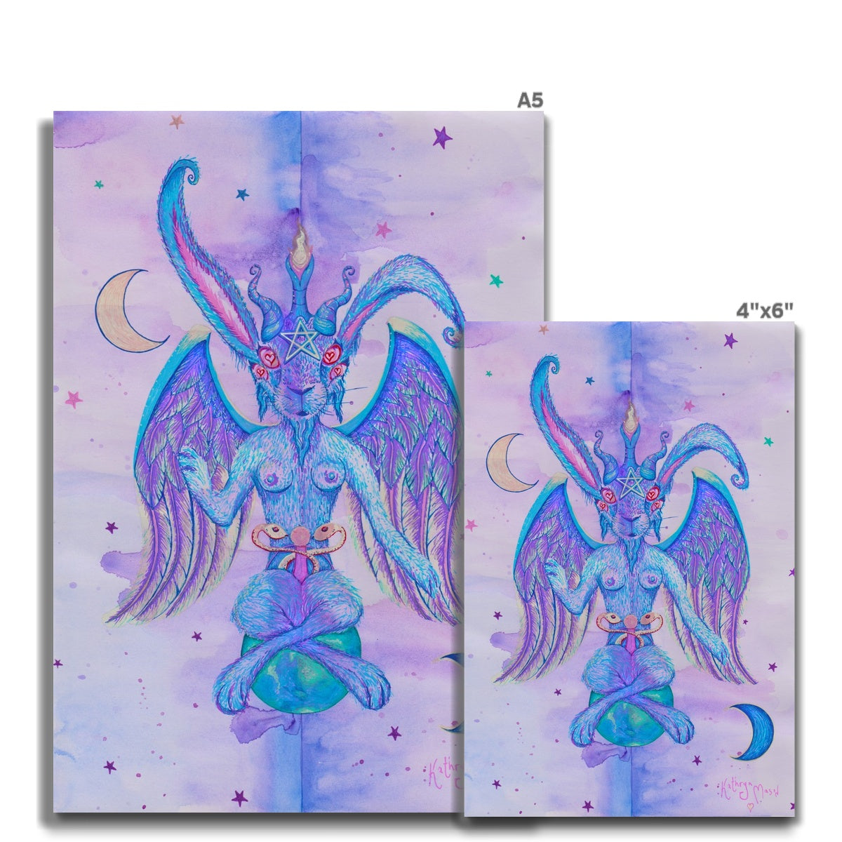 Photo of 'Baph Bun' - A pastel goth style fine art print,  from Kathryn Mason's original artwork. Shown in size A5 and 4"x 6"