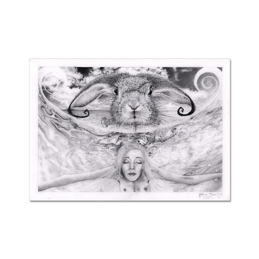 Photo of 'Comfortably Weird' fine art print taken from Kathryn Mason's original Surrealist drawing of rabbit head floating over naked woman submerged
