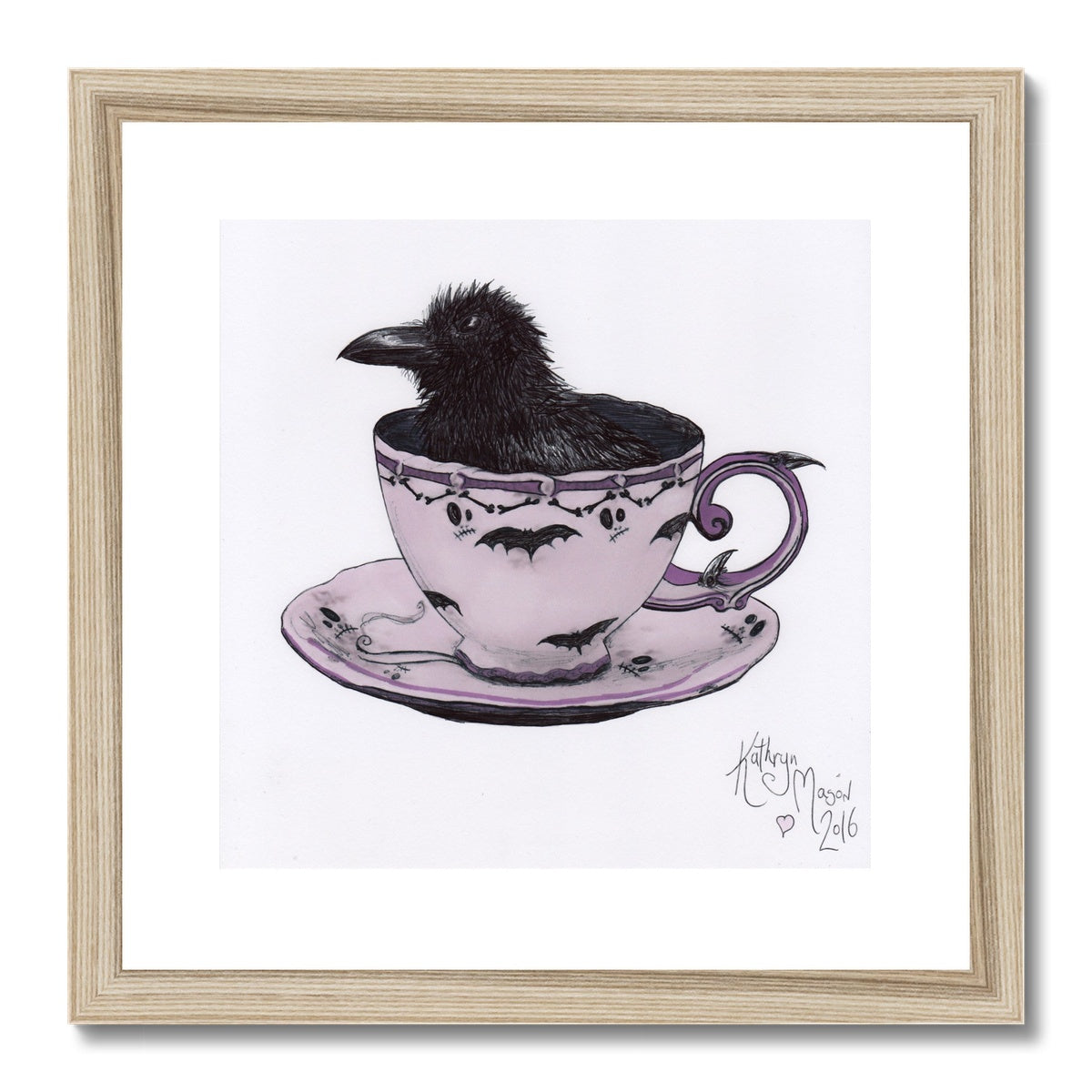 Photo showing 'Sheltering from a Storm in a Teacup' Cute Baby Crow Gothic Fine Art Print from artist Kathryn Mason's original drawing. Framed and Mounted. Shown here with wood frame.