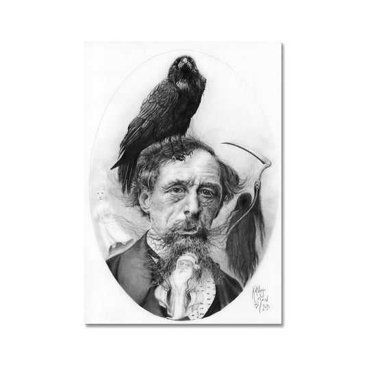 Photo showing portrait of 'Charles Dickens, Grip, and Ghosts' Victorian Style Gothic Fine Art Print, taken from Kathryn Mason's original drawing