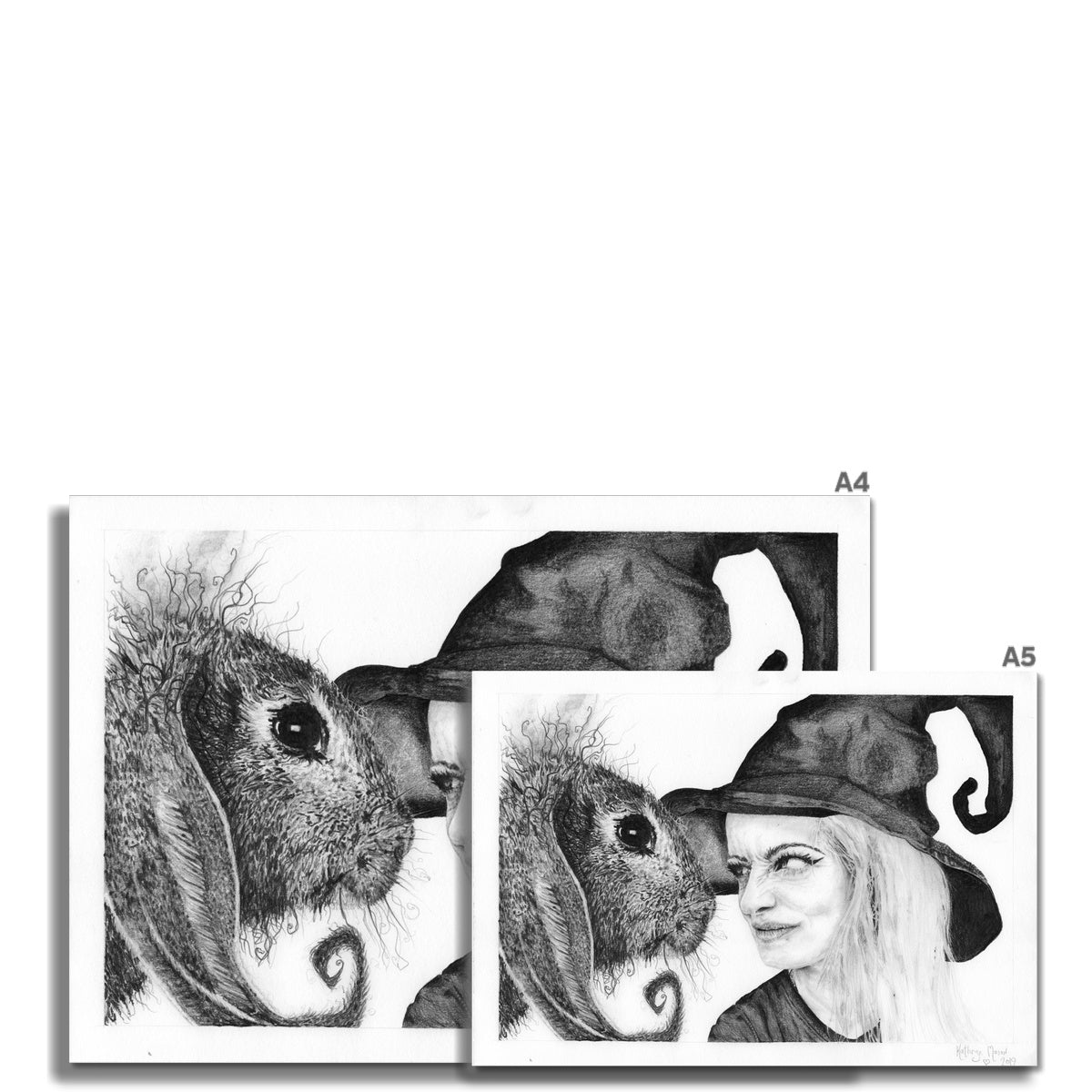 Photo showing size variations A4, A5 available for 'Witchy and Bun - True Love Isn't Always Fun!' Fine Art hare familiar Print