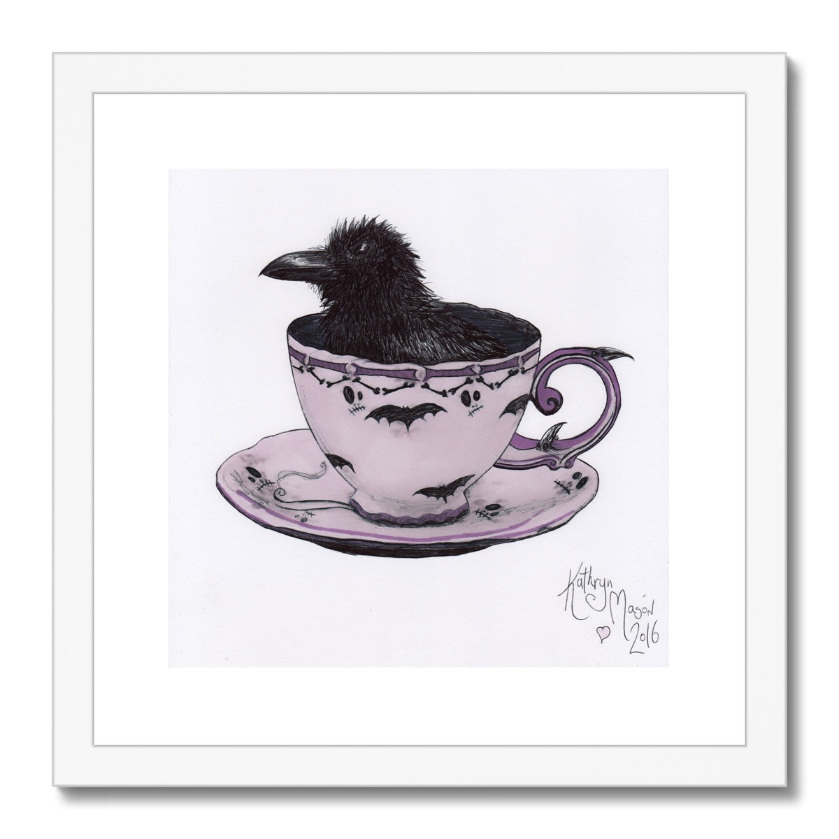 Photo showing 'Sheltering from a Storm in a Teacup' Cute Baby Crow Gothic Fine Art Print from artist Kathryn Mason's original drawing. Framed and Mounted. Shown here with white frame.