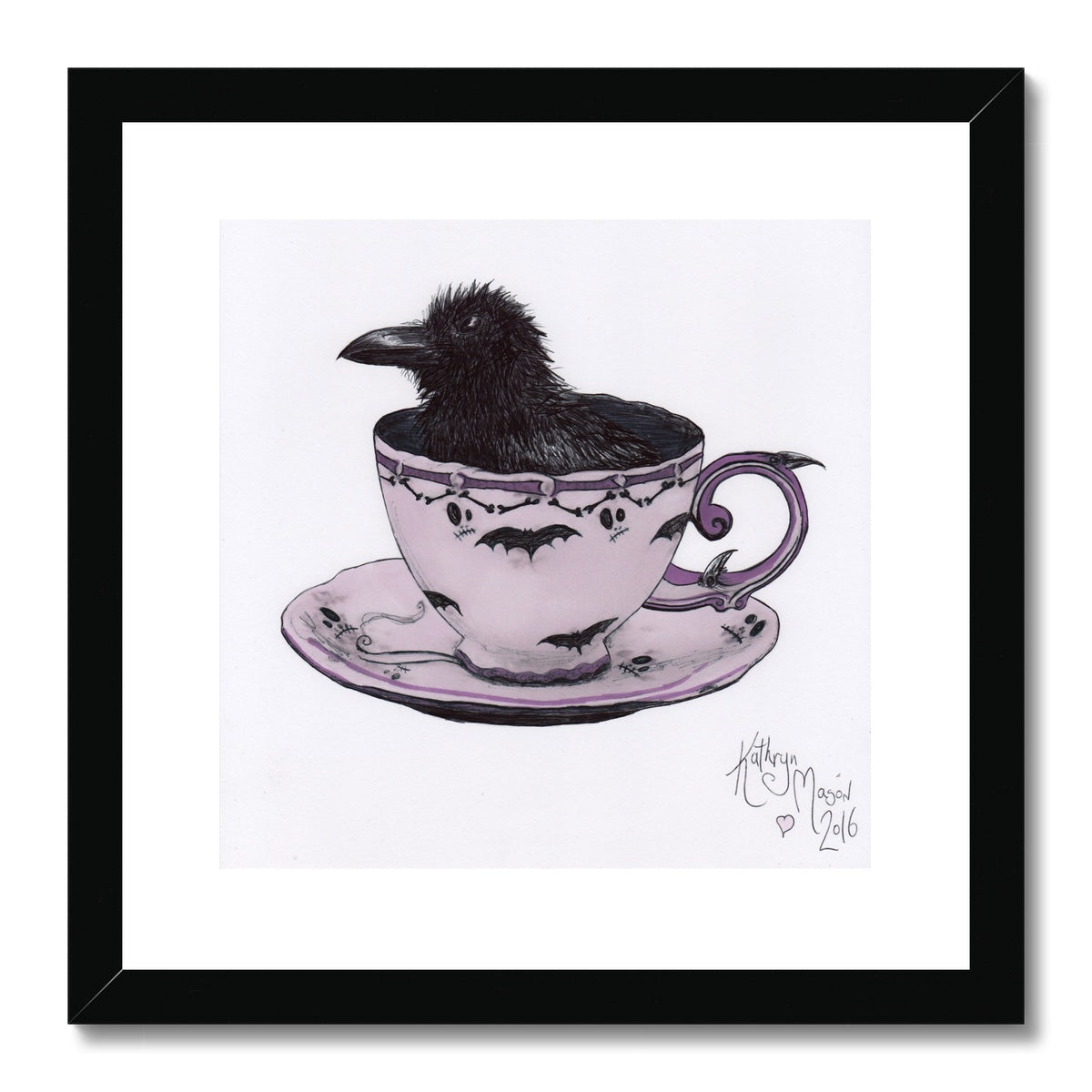 Photo showing 'Sheltering from a Storm in a Teacup' Cute Baby Crow Gothic Fine Art Print from artist Kathryn Mason's original drawing. Framed and Mounted. Shown here with black frame.