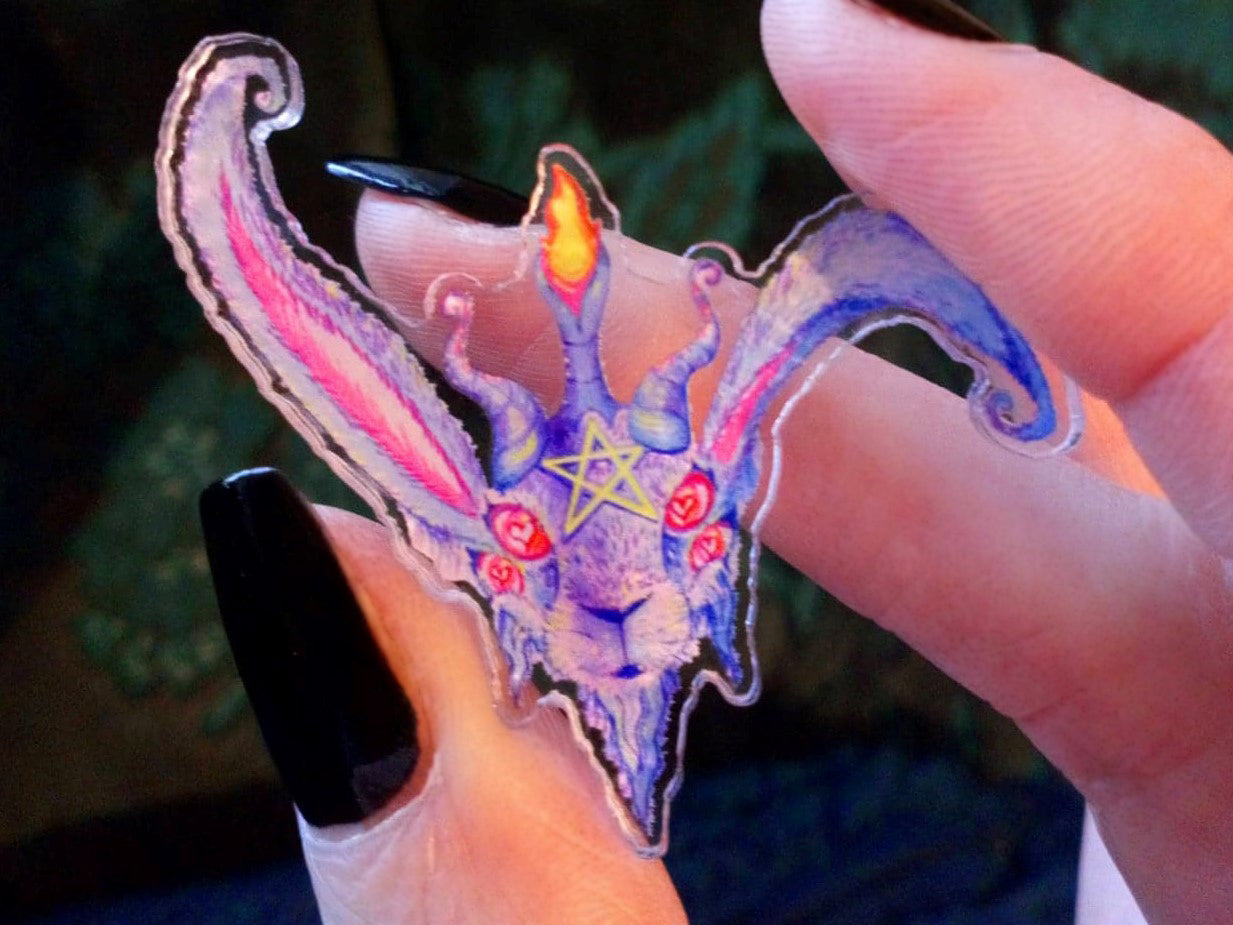 Photo showing occult pin badge held for size 